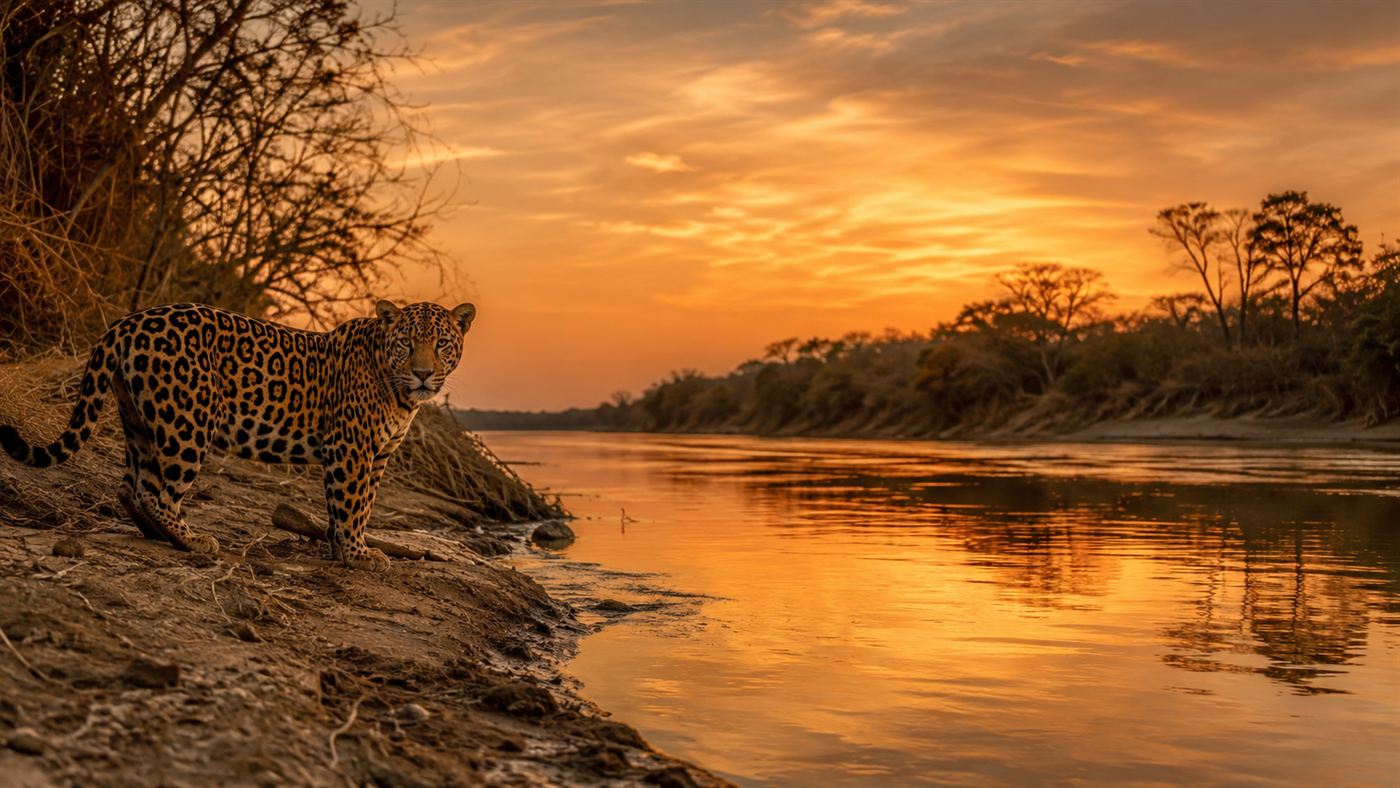 An apex predator on the move, a jaguar at the edge of a river at sunset in the Gran Chaco