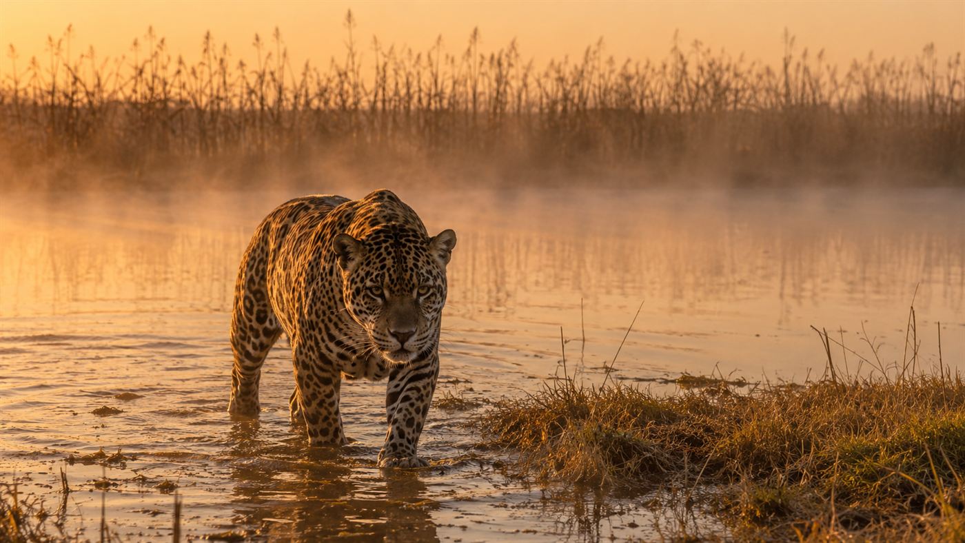 A wild jaguar walking through golden marshland at dawn in Argentina's Iberá wetlands