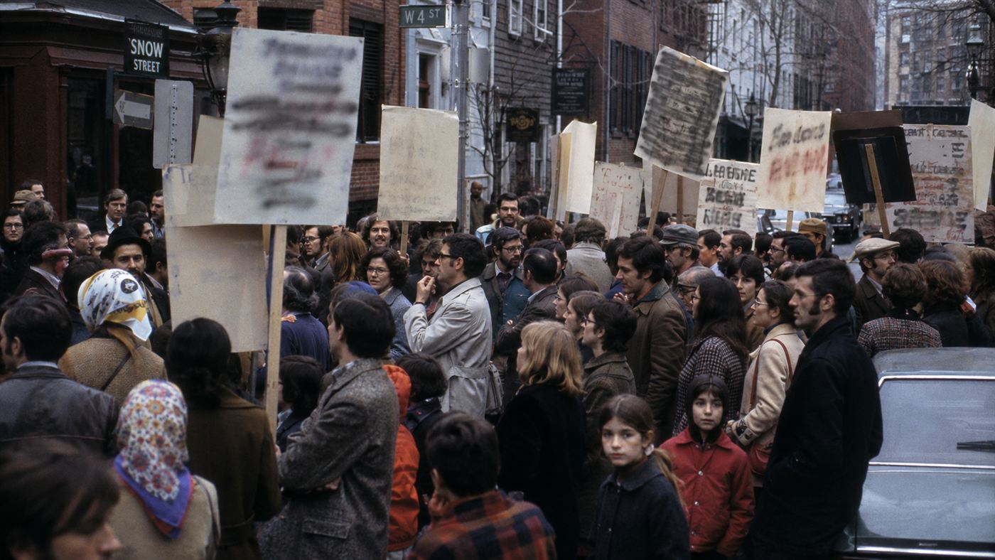 A 1960s Greenwich Village street protest of the kind Jane Jacobs led against a planned highway
