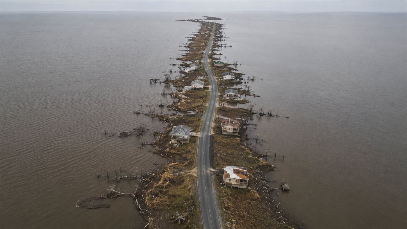 Aerial view of a very narrow strip of marsh land surrounded almost entirely by flat brown Gulf water in coastal Louisiana, a single road running down the center with scattered weathered houses and dead trees marking where marsh once stood