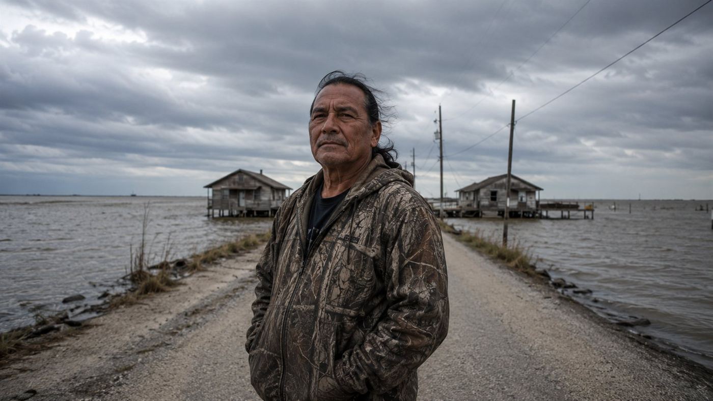 A Biloxi-Chitimacha-Choctaw tribal elder standing on the narrow road of Isle de Jean Charles, Louisiana, with open Gulf water visible on both sides and weathered houses behind him