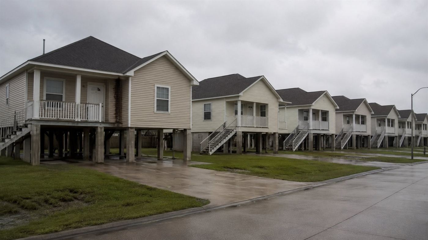 Identical pale suburban homes built on pier foundations in a flat subdivision in southern Louisiana on a grey overcast afternoon with wet concrete driveways and a generic treeless street