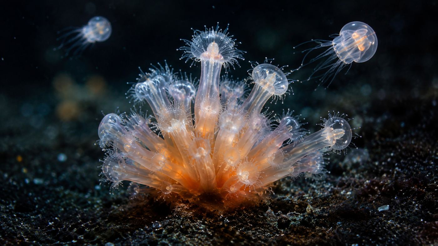 A jellyfish polyp colony on the seafloor with tiny new jellyfish budding off
