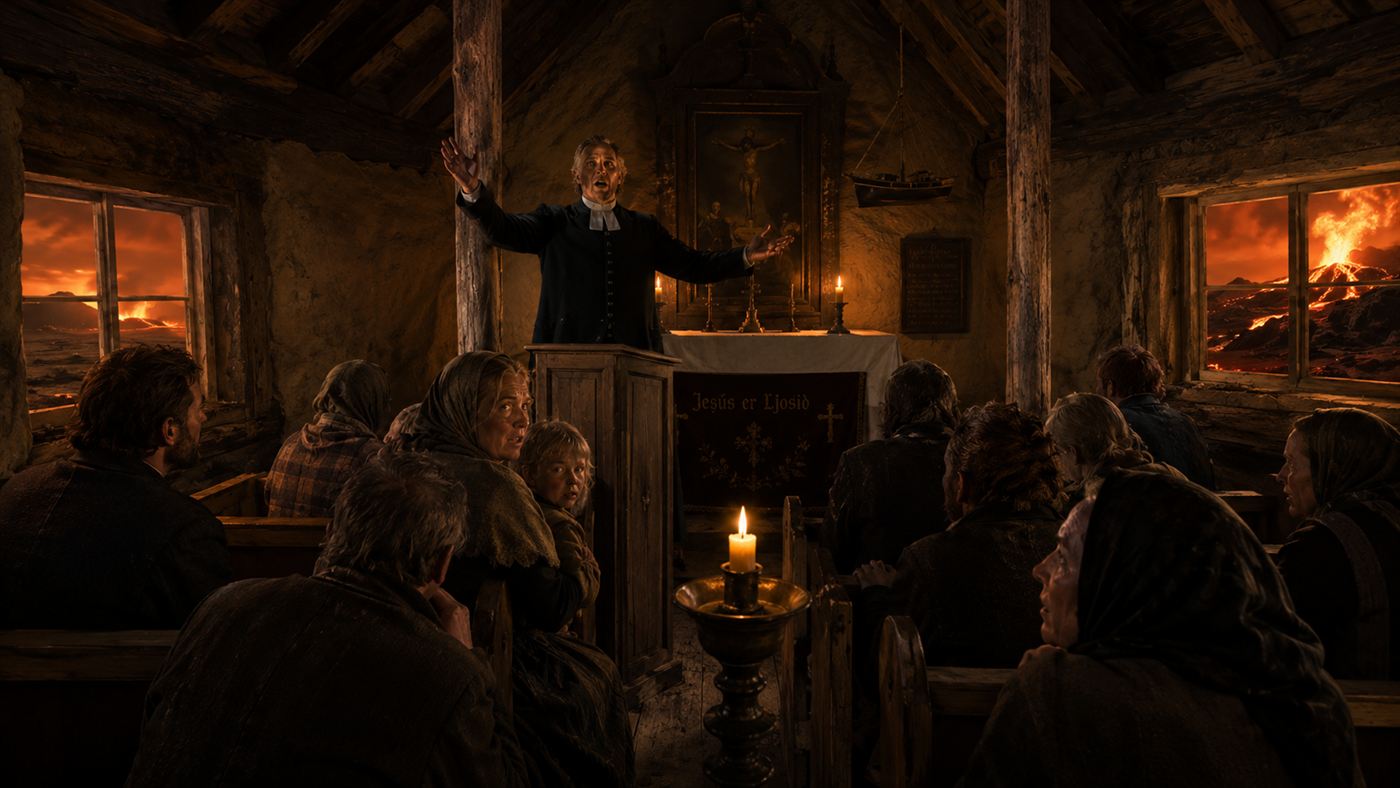A Lutheran pastor preaching in a small turf church as the orange glow of approaching lava lights the windows