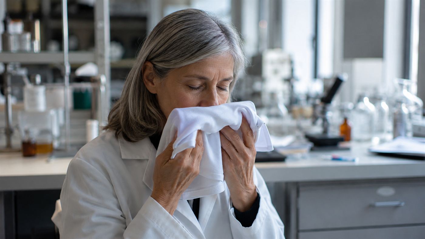 Joy Milne, a woman with a heightened sense of smell, breathing in the scent of a white t-shirt in a research lab