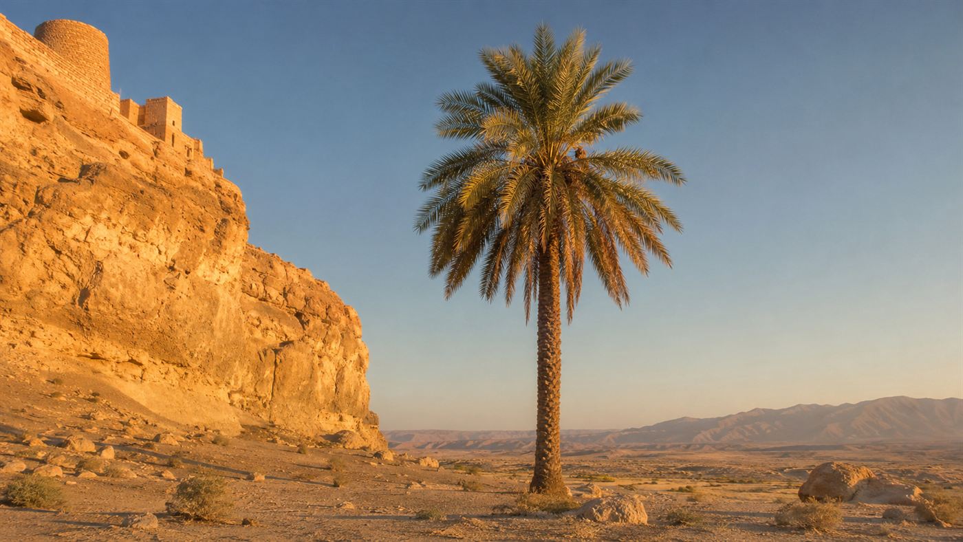 A single tall Judean date palm growing in an arid desert landscape near a rocky cliff in warm golden light