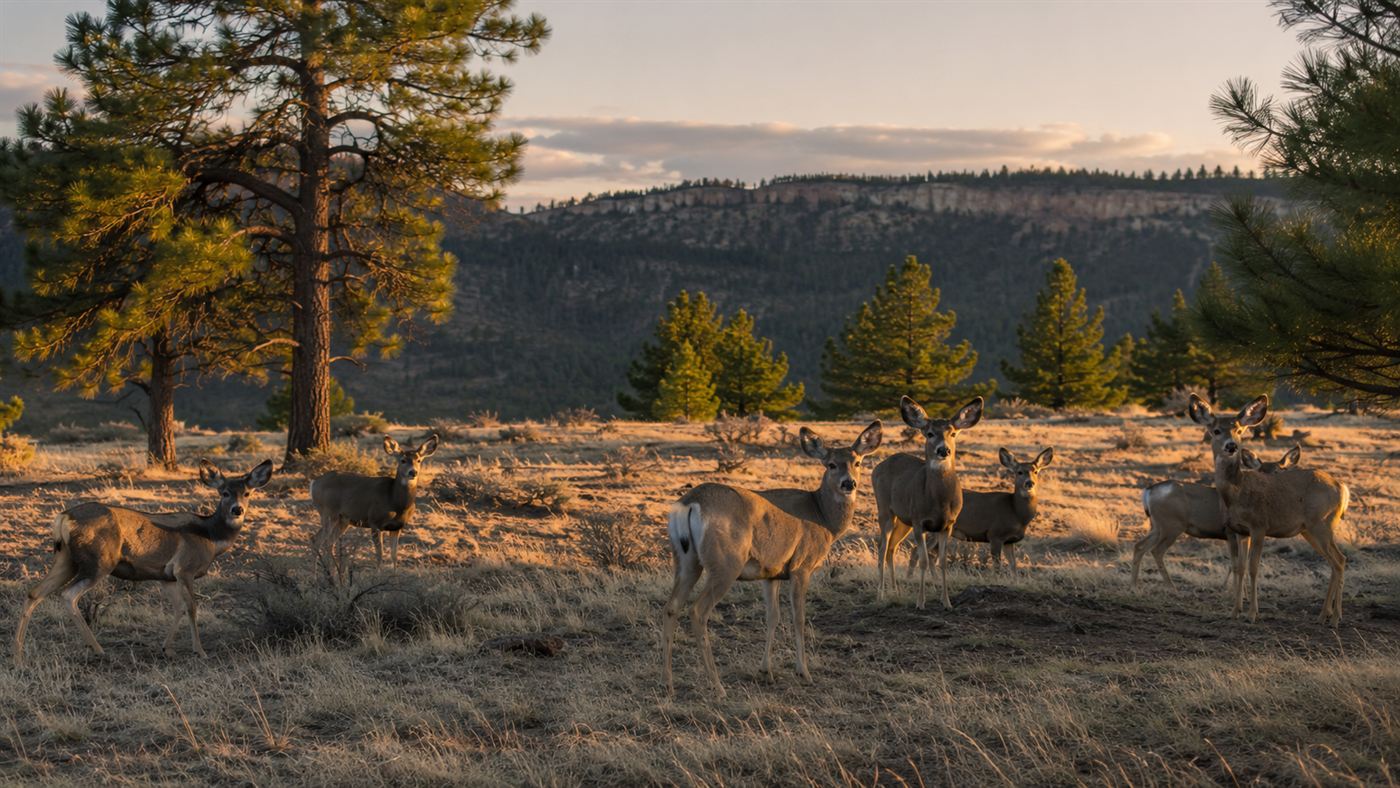 A herd of Kaibab deer standing on a sparse, overgrazed high plateau of thin grass and scattered pines in Arizona at evening