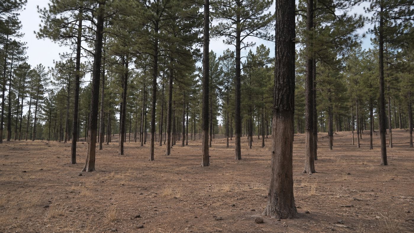 A barren overgrazed forest floor in the 1920s American Southwest, ground stripped of plants with pines showing a clear browse line
