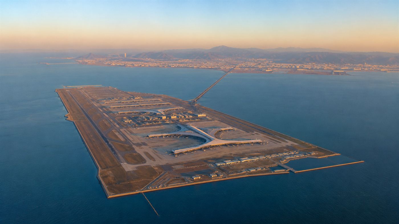 Aerial view of a vast rectangular artificial island airport in a calm blue sea with long runways and a slender bridge to the distant mainland at golden hour