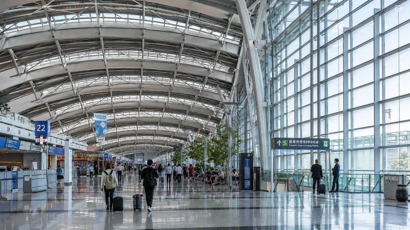 The vast long interior of a modern airport terminal with a sweeping curved steel and glass airfoil roof receding into the distance, travellers walking through with luggage