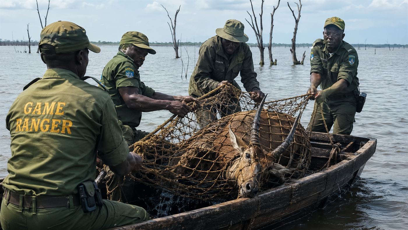 Rangers performing a wildlife rescue, lifting a captured antelope into a boat on the flooded lake