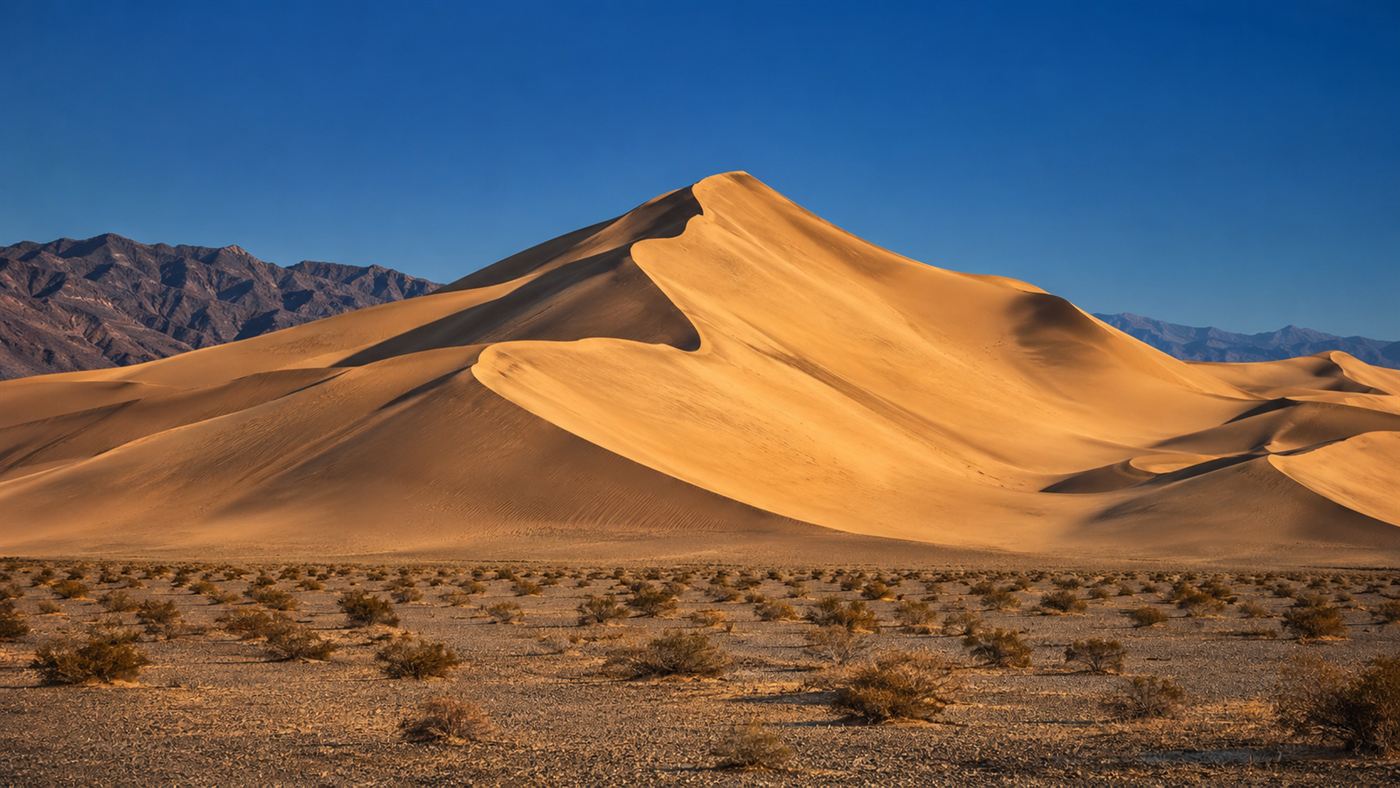 The tall golden Kelso Dunes rising from the Mojave Desert floor under a clear blue sky, with distant mountains behind