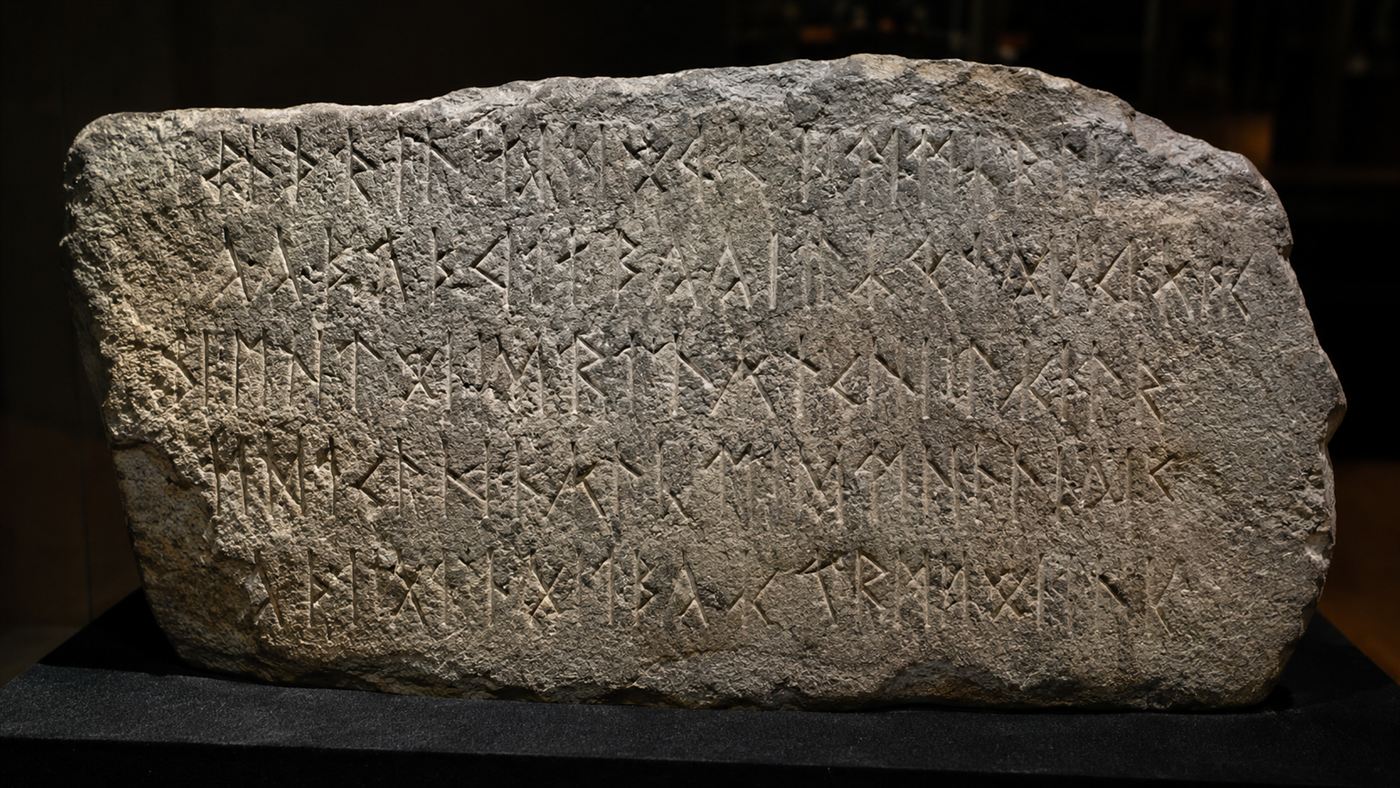 The Kensington Runestone, a flat grey slab densely carved with rows of angular Norse runes, displayed under museum lighting
