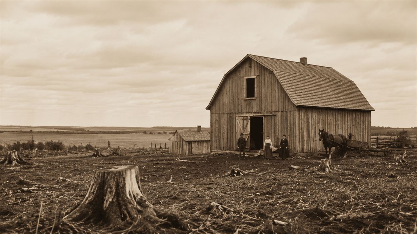 A late-1800s Minnesota immigrant farm with a wooden barn and cleared field, evoking where Olof Ohman said he found the runestone in 1898
