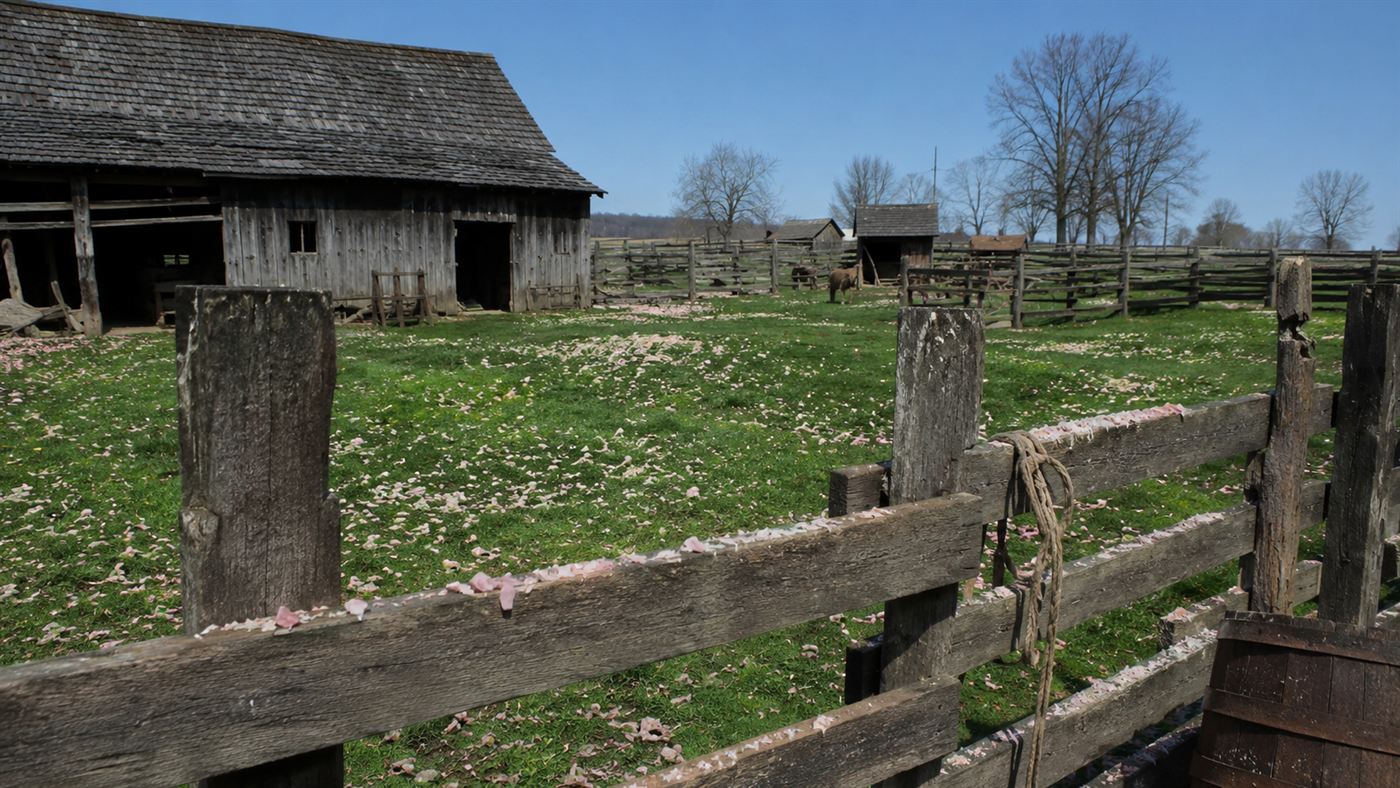 Flakes of red meat scattered across the grass of an 1876 Kentucky farmyard under a clear blue sky, the Kentucky Meat Shower