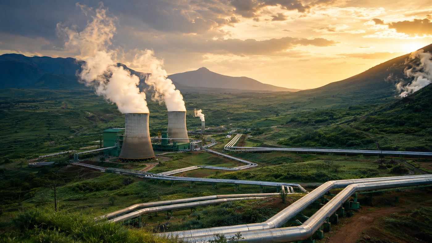 A geothermal energy plant with steam over the Rift Valley in Kenya