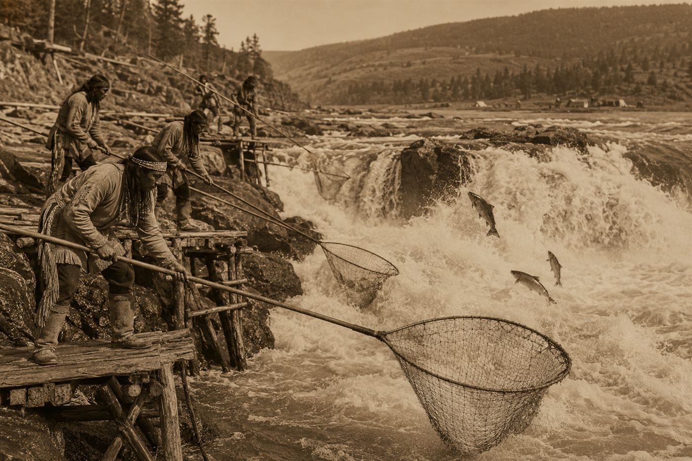 Native American fishermen netting salmon at a waterfall, the kind of fishery at Kettle Falls drowned by Grand Coulee Dam