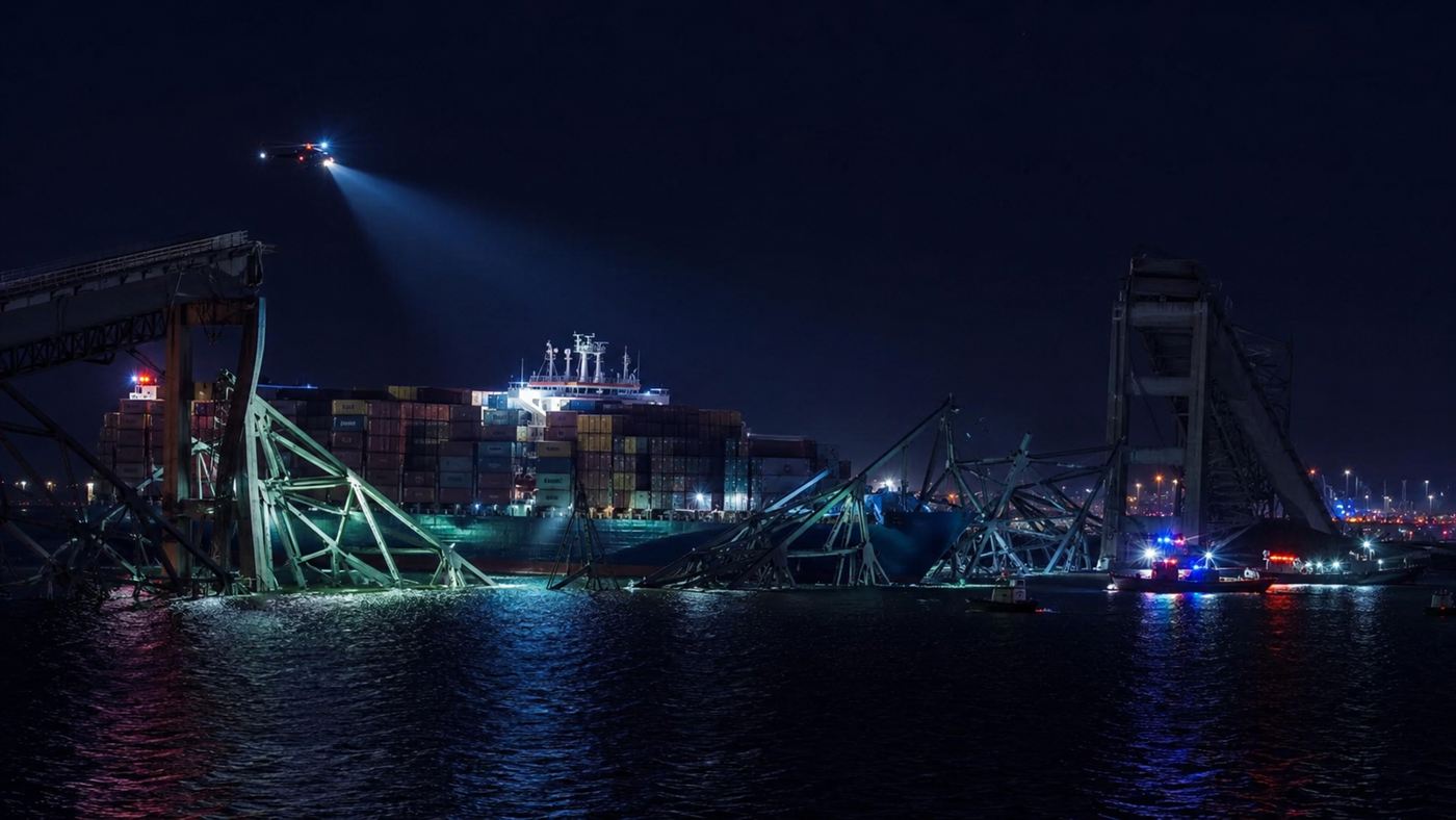 The Key Bridge collapse at night, a steel truss span fallen into a dark river with a huge container ship in the wreckage and emergency lights