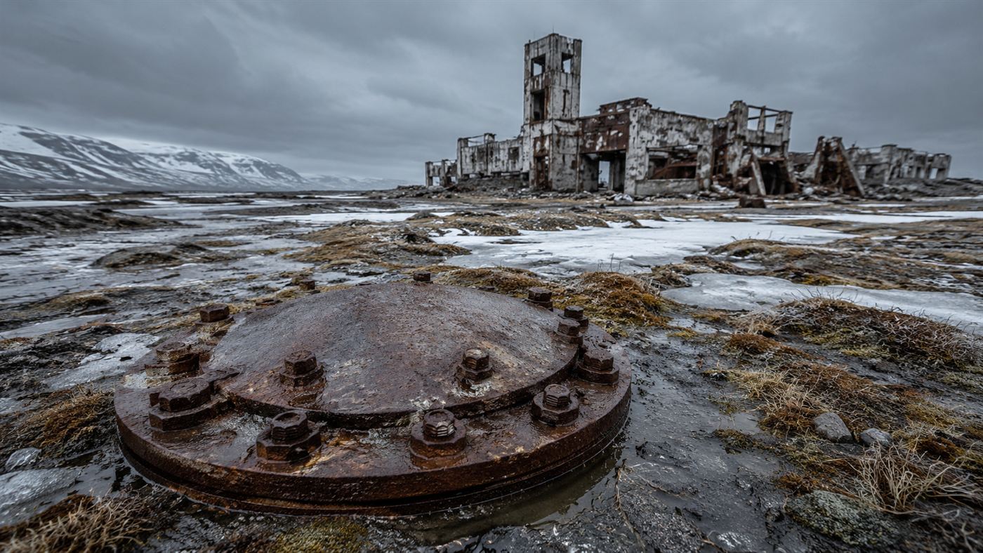 A rusted metal cap bolted shut over the Kola Superdeep Borehole on bleak Arctic tundra, ruined Soviet buildings behind