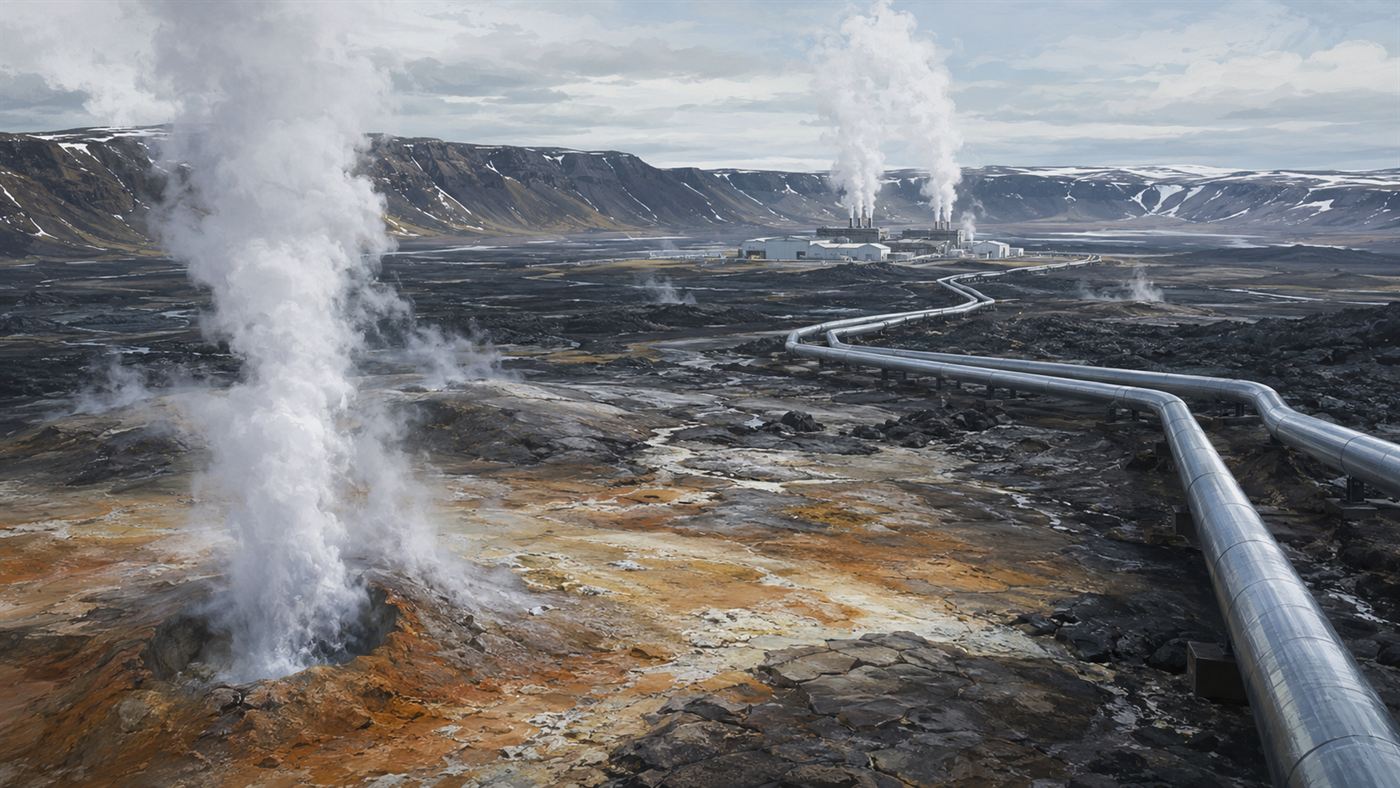 The Krafla geothermal area in Iceland with steaming vents, silver pipes and a power station set in a dark volcanic caldera under a pale sky