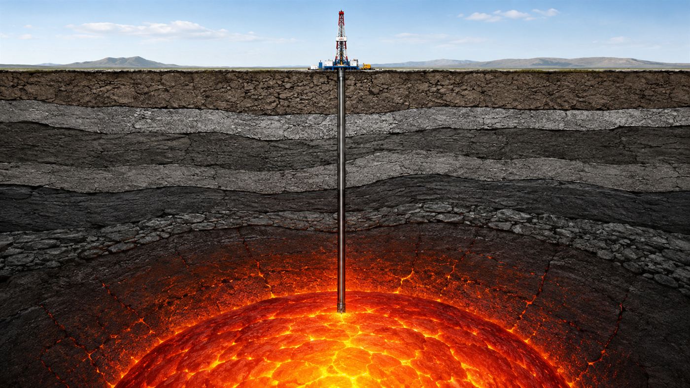 Cross-section illustration of a narrow borehole reaching down through rock layers to a glowing orange magma chamber deep underground