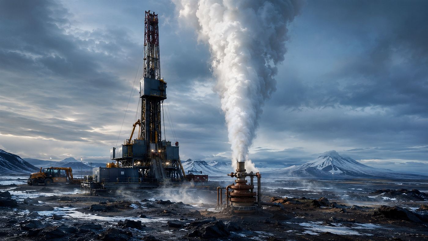 A geothermal drilling rig on a volcanic plain in Iceland with a tall plume of white superheated steam roaring from the wellhead against snow and dark lava