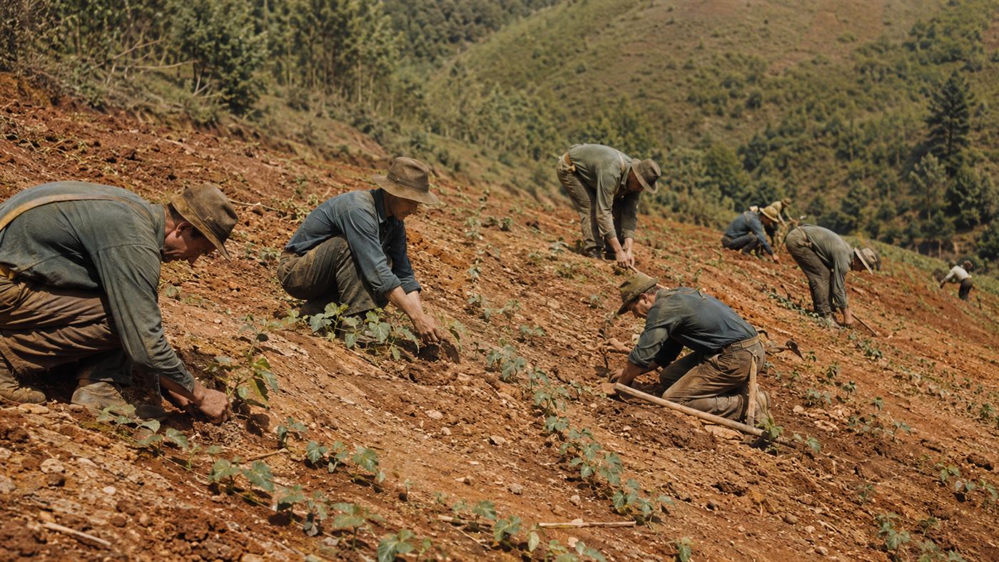 1930s Civilian Conservation Corps workers planting kudzu to fight soil erosion in the American South