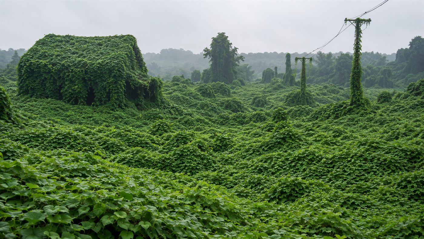 A Southern landscape blanketed in kudzu, the vine that ate the South, draping trees and an old barn