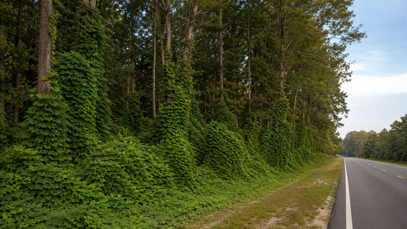 Kudzu draping the sunny edge of a Southern roadside forest while healthy forest stands behind it