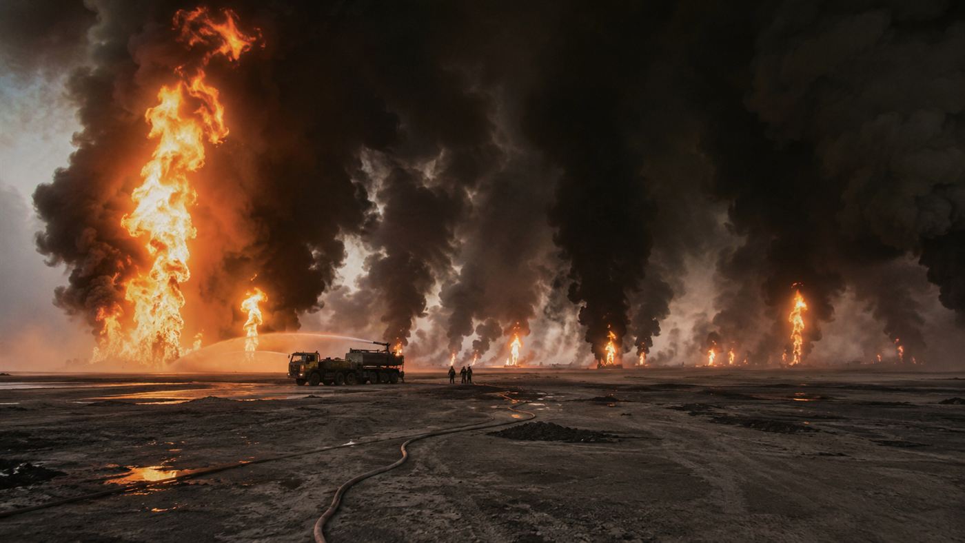 The 1991 Kuwait oil fires, rows of burning oil wells under a sky blackened by smoke