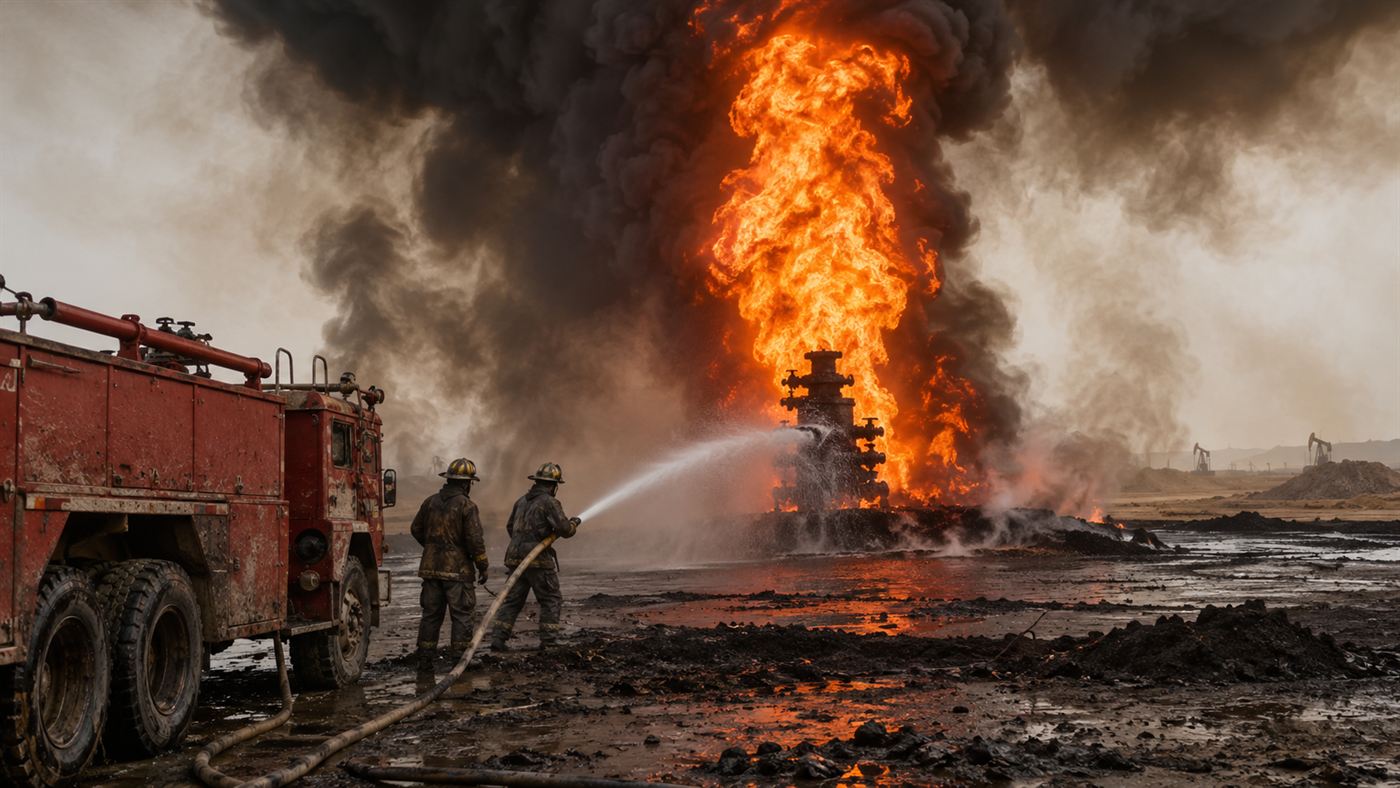 Firefighters spraying water at a single roaring Kuwaiti oil well fire in 1991