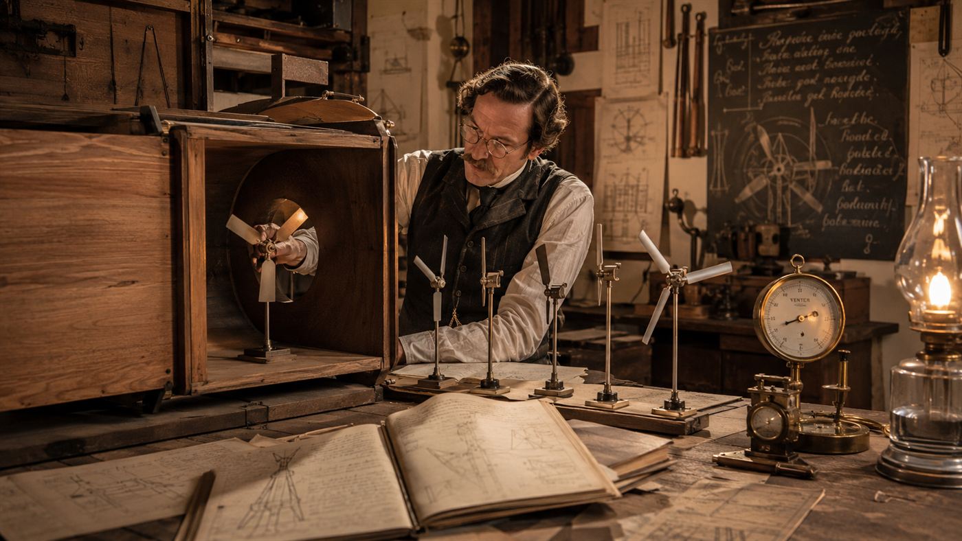 A 19th-century scientist testing model windmill blades inside an early wooden wind tunnel in a workshop