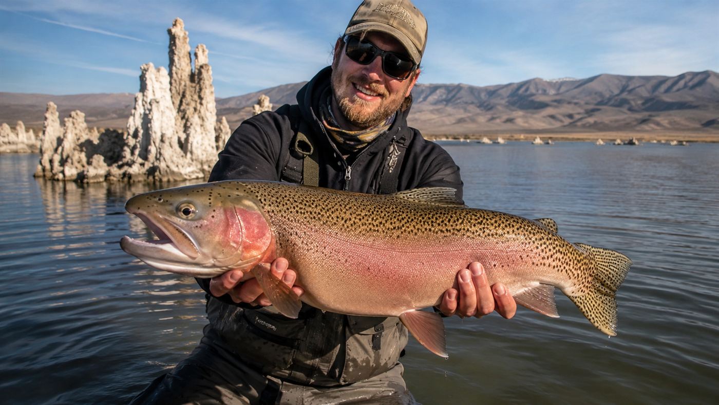An angler holding a huge Lahontan cutthroat trout at Pyramid Lake, Nevada