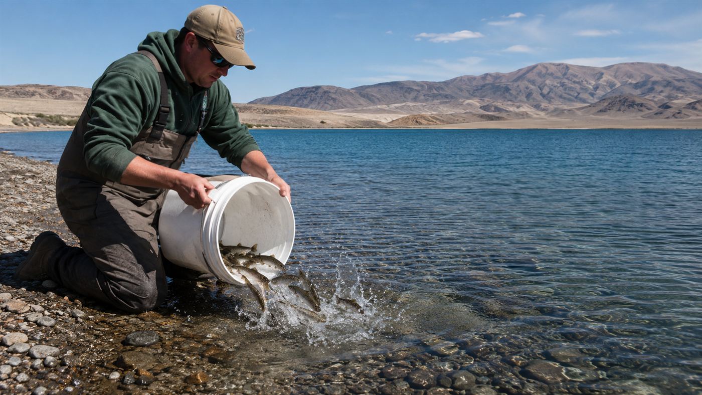 A Lahontan cutthroat trout being released from a hatchery into Pyramid Lake