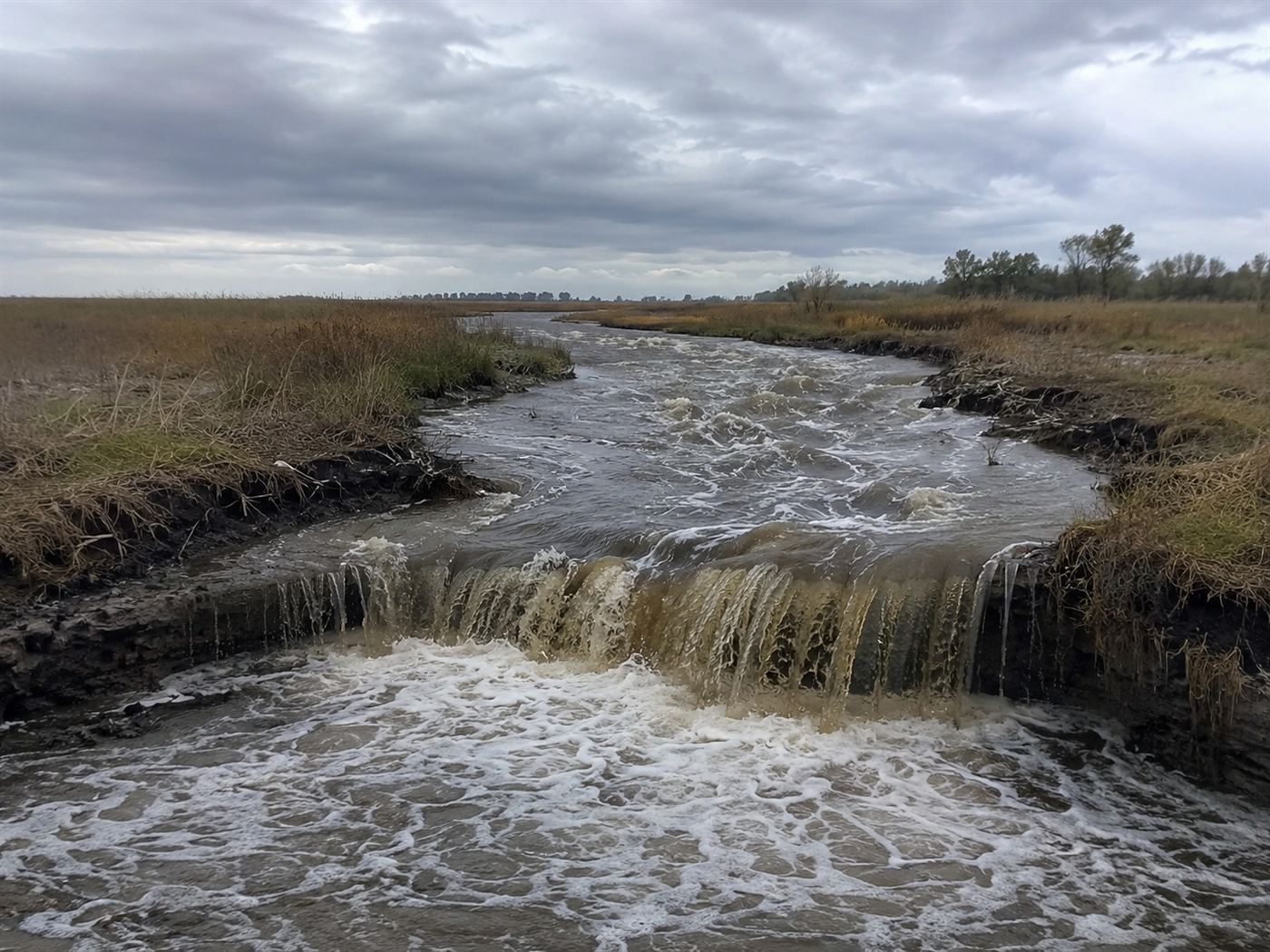 The Delcambre Canal flowing backwards toward Lake Peigneur as Gulf saltwater rushes inland to fill the collapsed salt mine