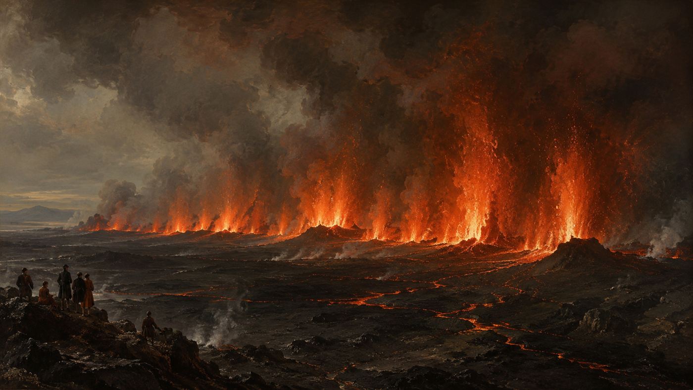 The Laki eruption of 1783, a long fissure of fire fountains across a barren Icelandic plain under a smoke-choked sky