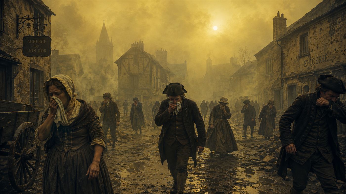 A dim 1780s European village smothered in a thick yellowish sulphurous haze with a pale sun