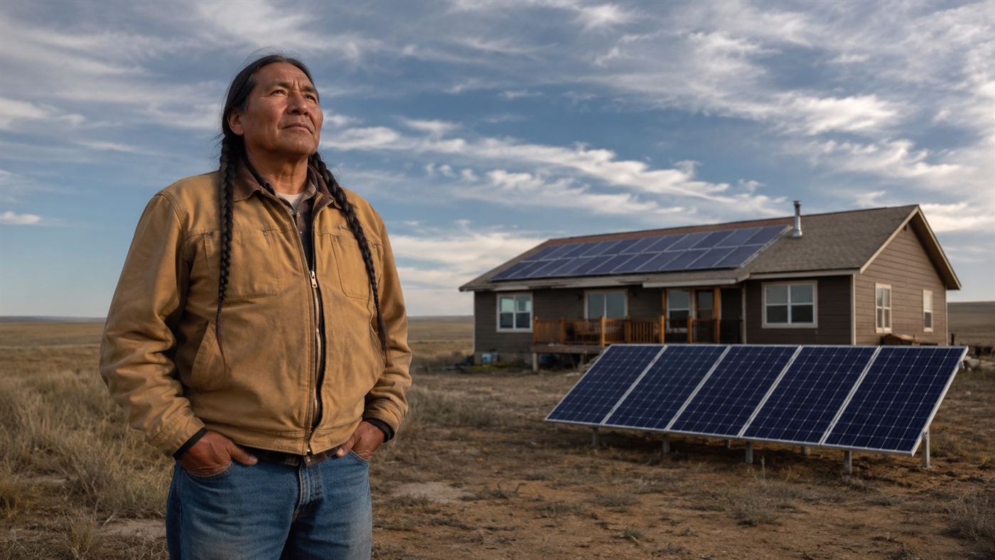 A Lakota solar installer beside solar panels on a Pine Ridge home