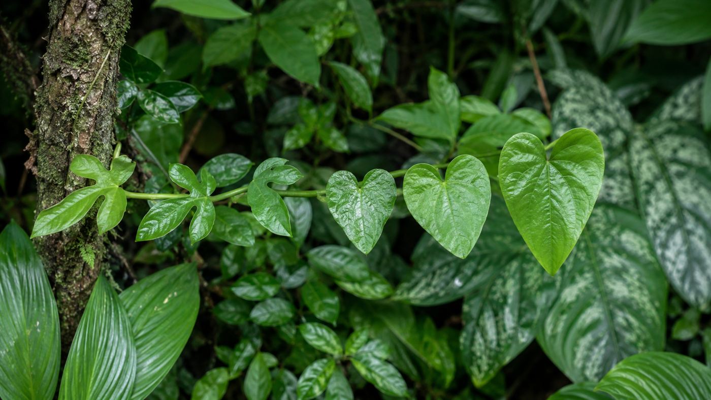 A single climbing vine bearing leaves of noticeably different shapes and sizes beside the varied leaves of neighbouring plants