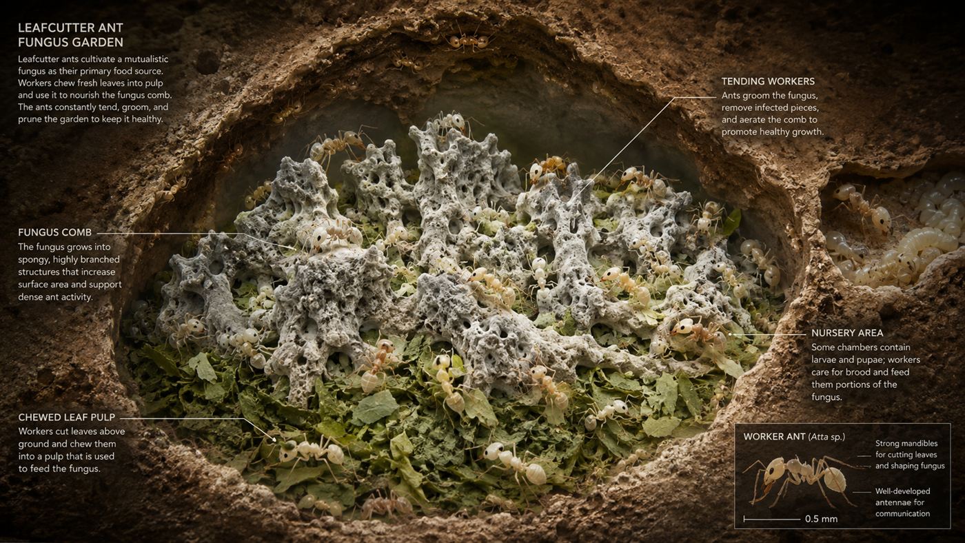 Cross-section of an underground chamber filled with spongy grey-white fungus garden, tiny pale ants tending it among the leaf compost