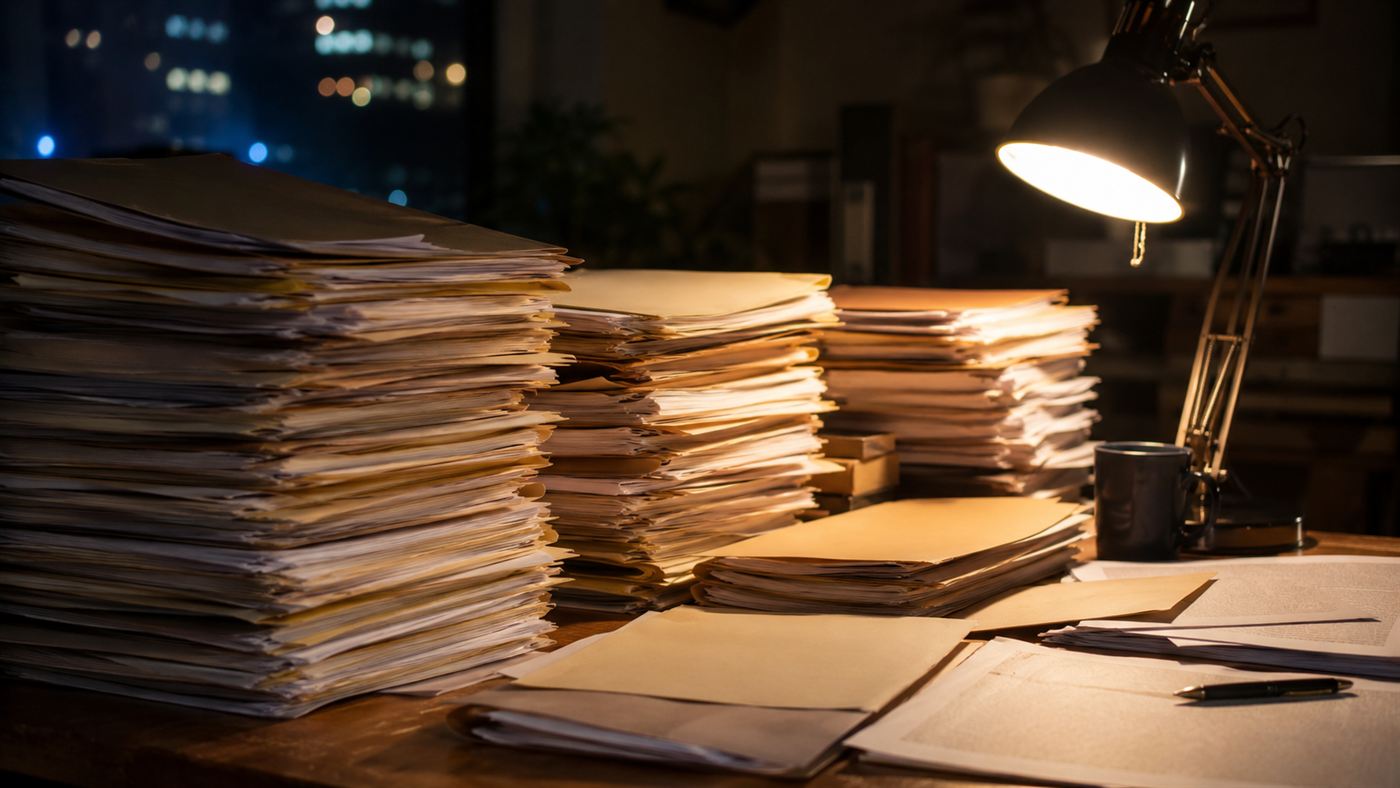 Stacks of manila legal file folders and documents spread across a wooden desk under a lamp, evoking the Hinkley case files