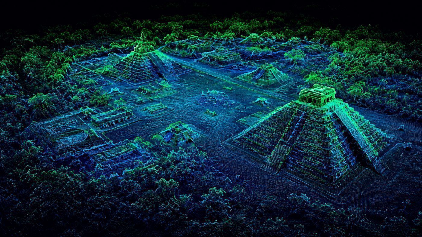 A LiDAR point-cloud visualisation revealing hidden stone structures and plazas beneath dense forest