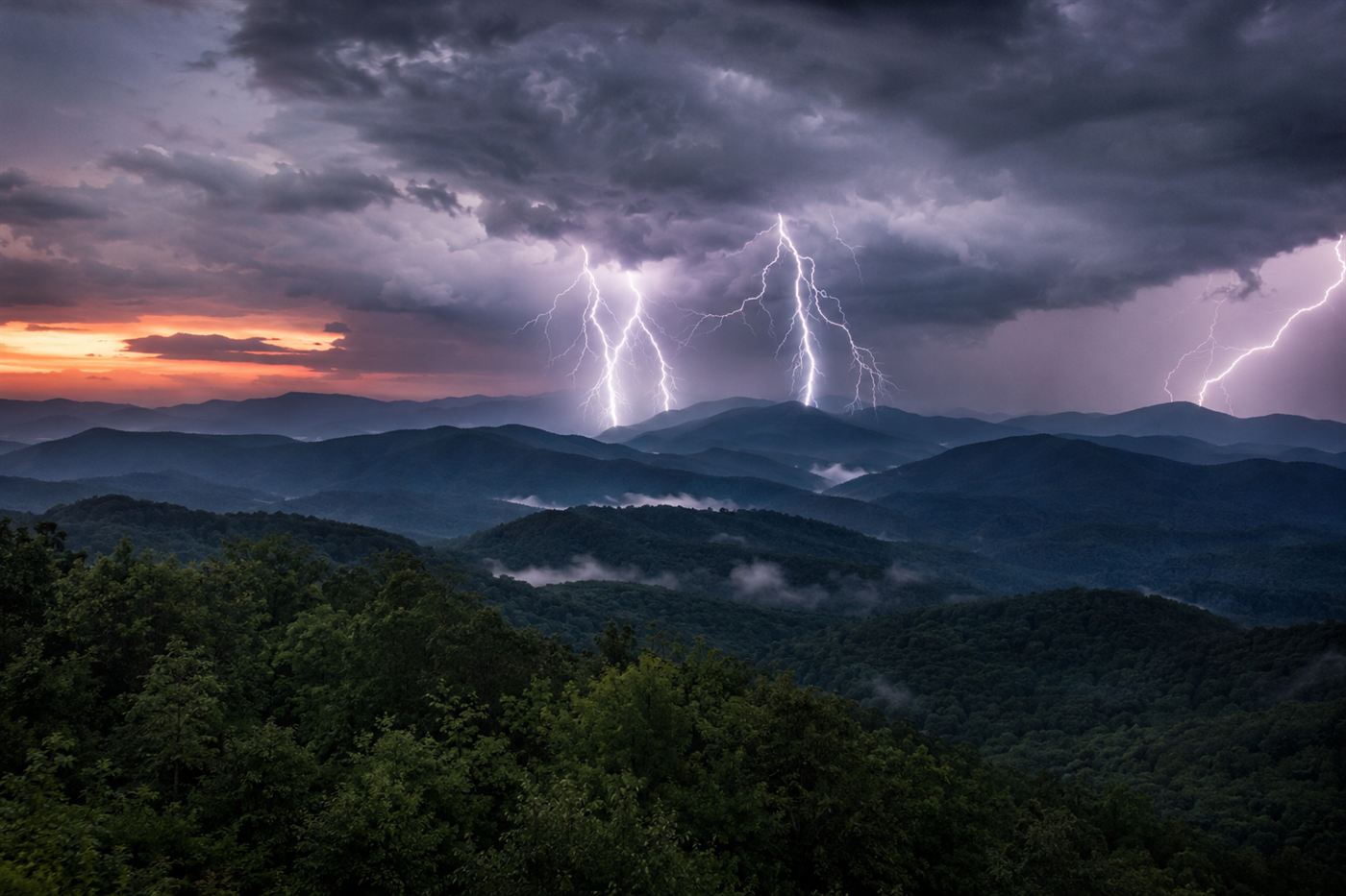 Forked lightning over the Blue Ridge mountains, the storm-prone country where Roy Sullivan worked