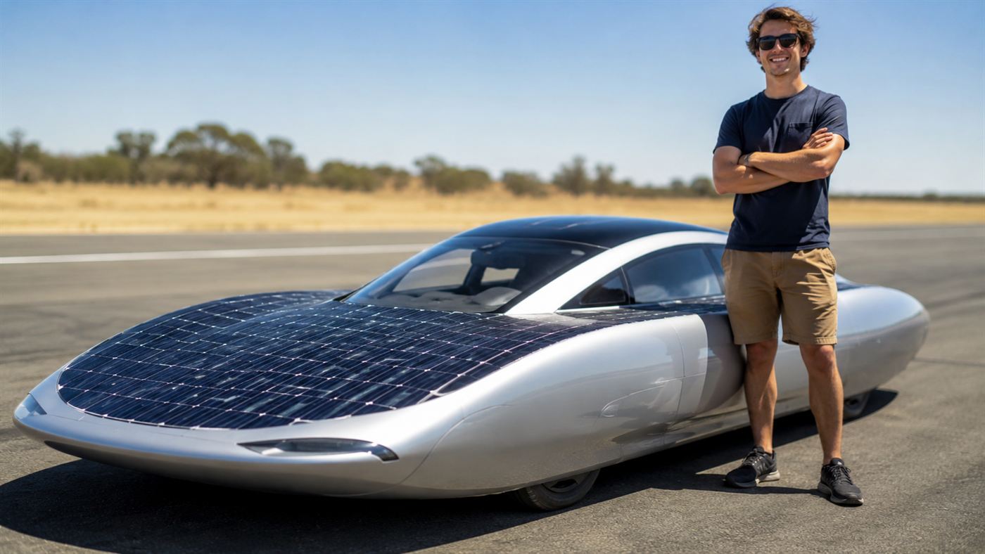 A young engineer standing beside a long sleek silver solar-electric car whose roof and bonnet are covered in dark solar cells on a sunny test track
