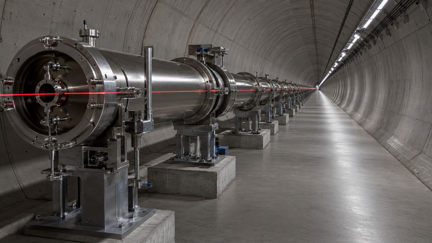 The interior of a long ultra-clean vacuum tunnel housing the laser beam of a LIGO gravitational waves detector