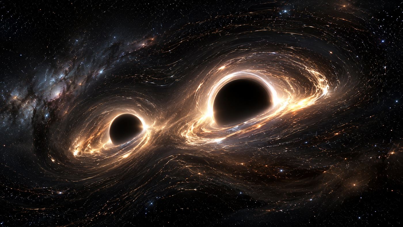 An illustration of two black holes spiralling together and merging, the source of the gravitational waves LIGO detected