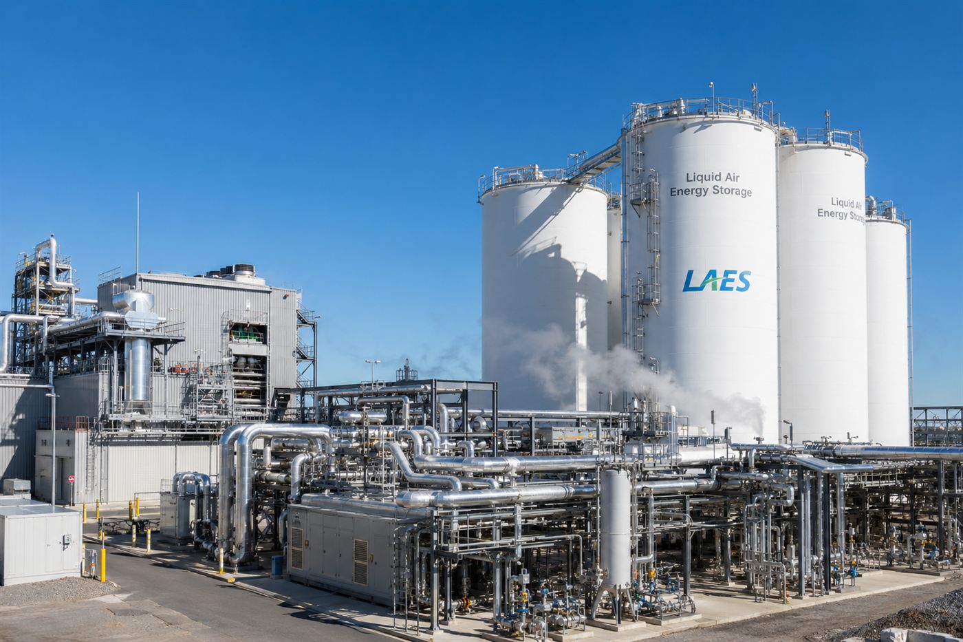 Large insulated cryogenic storage tanks and turbines at a liquid air energy storage plant under a clear sky