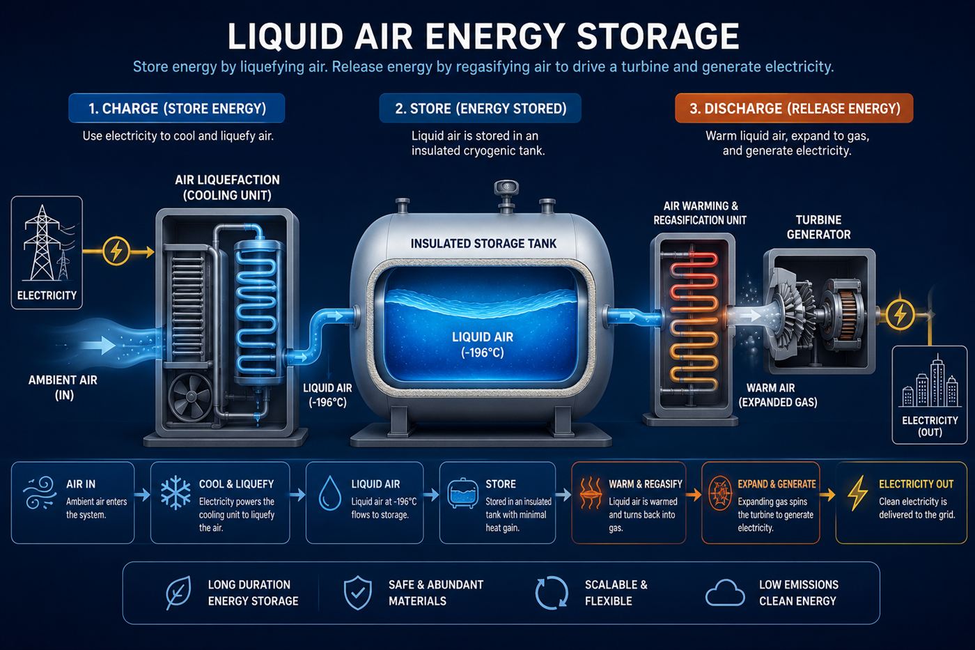 A diagram showing electricity chilling air into liquid in a tank, then the liquid warming and expanding through a turbine to make power