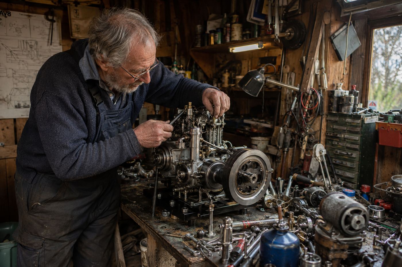 A self-taught inventor working on a liquid air engine on a cluttered workbench in a home workshop