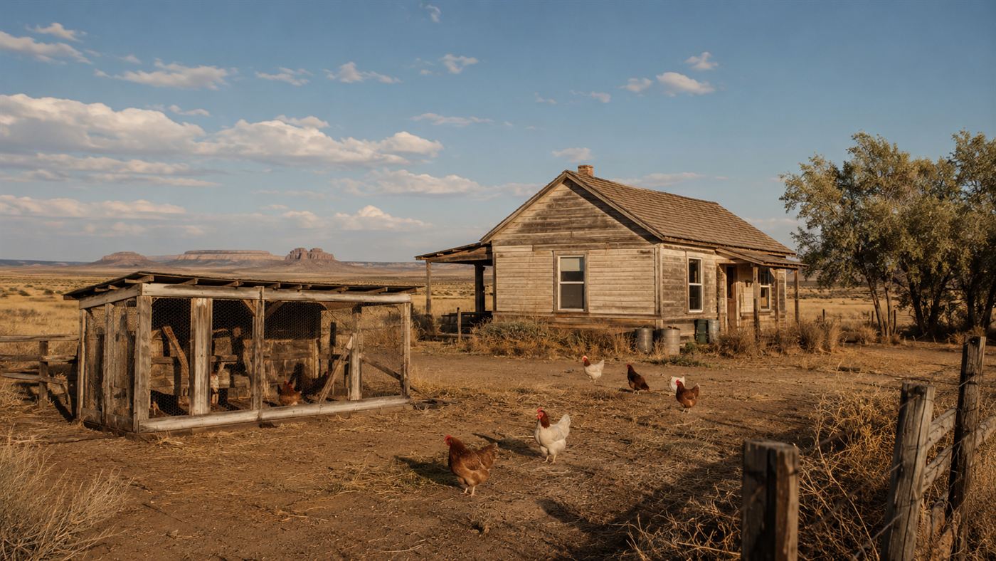 A 1940s Colorado farm with a wooden farmhouse, chickens and dry fields under a big sky